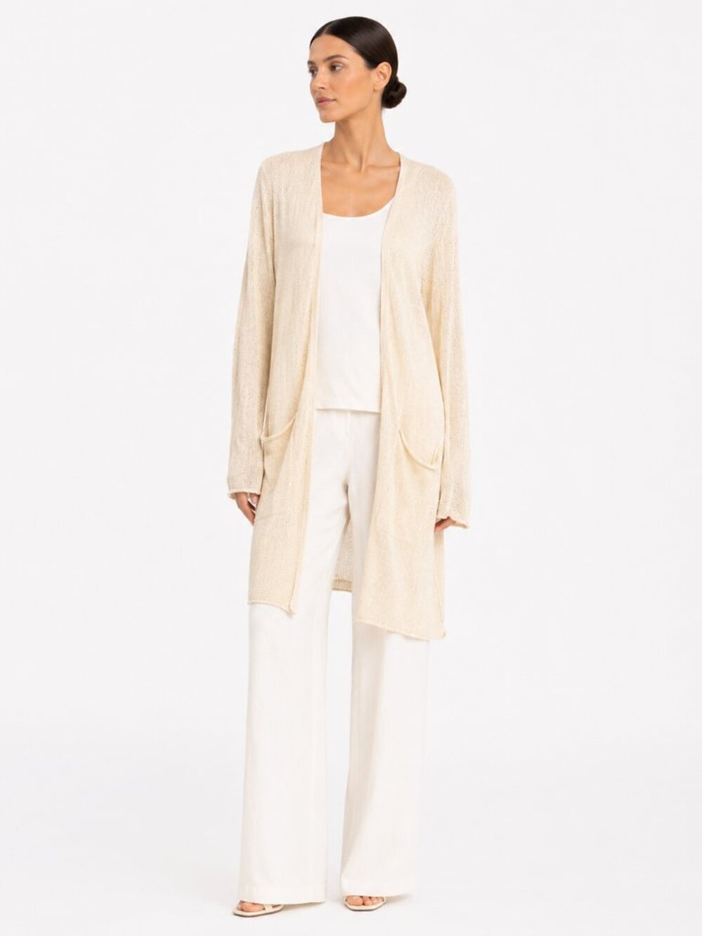 NAIF MONTREAL 100% LINEN CREAM OPEN KNIT LONG LENGTH CARDIGAN - S